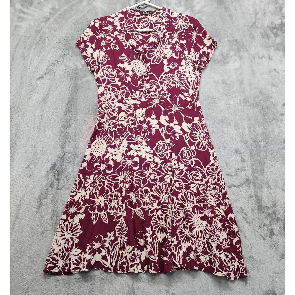 Vintage 90s Loco Lindo Dress Womens XS Purple Wine Floral Crepe Button Front 40s